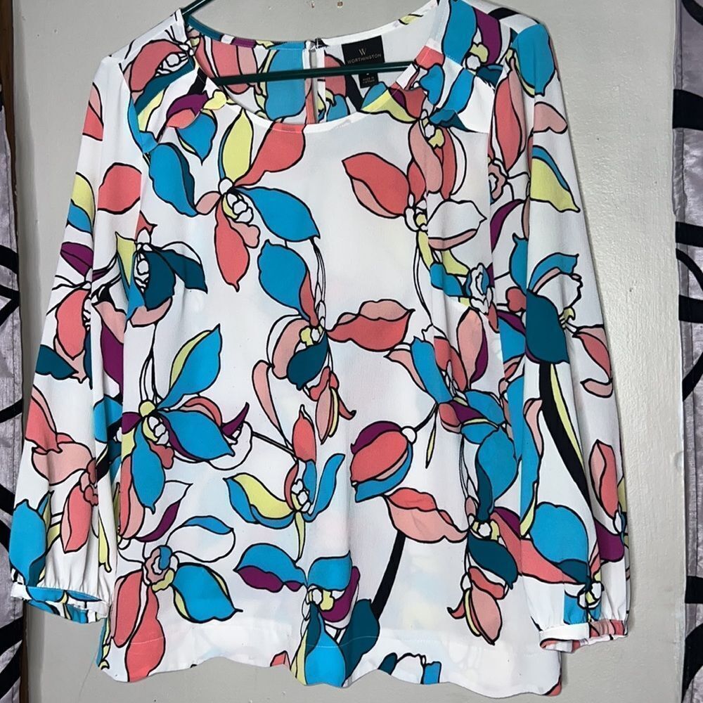 Worthington Blouse Woman’s Large 3/4 Sleeve Floral - Picture 2 of 10